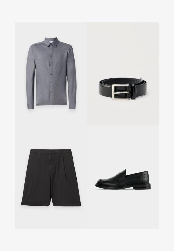 Chemise grise à manches longues avec col classique, en tissu léger et texturé, dotée de six boutons à l'avant.; Shorts en coton noir à coupe droite, avec plis avant, ceinture et ourlet retroussé. La texture est lisse et le tissu semble léger.; Mocassin penny pour homme en cuir noir avec talon bas empilé et bout arrondi, vu de profil sur fond gris clair.; Ceinture en cuir noir brillant enroulée avec une boucle métallique rectangulaire argentée sur un fond clair uni.