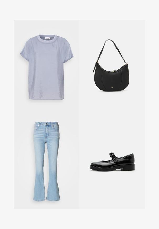 Lysblå kortærmet T-shirt i et glat, let blankt stof. Har en rund halsudskæring og en afslappet, boksformet silhuet. Minimalistisk design.; Lyseblå vide jeans lavet af denim med høj talje, prydet med subtil falming og en standard lynlås-lukning.; Sort laklæder Mary Jane-sko med rund tå, lav blokhæl og justerbar spænde-rem over vristen.; Sort læderhåndtaske med en buet form, struktureret overflade, forreste syninger og et logo i guldfarve. Har en enkelt justerbar rem.