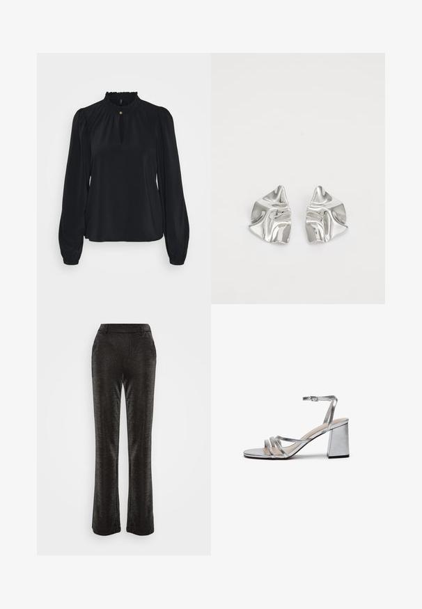 Blusa negra hecha de tejido suave con un cuello fruncido alto, una abertura en forma de ojal en la parte delantera y mangas largas abullonadas con puños ajustados.; Pantalones acampanados negros hechos de una tela texturizada y brillante. Presentan una cintura ajustada y bolsillos laterales, con una silueta suave hasta el dobladillo.; Sándal de tacón alto metálica plateada con tacón cuadrado, tira delgada en el tobillo y múltiples tiras anchas en el área delantera del pie. Textura suave.; Pendientes de metal plateado con un diseño ondulado y escultórico, que presentan un acabado pulido y formas irregulares, destacando una estética contemporánea.