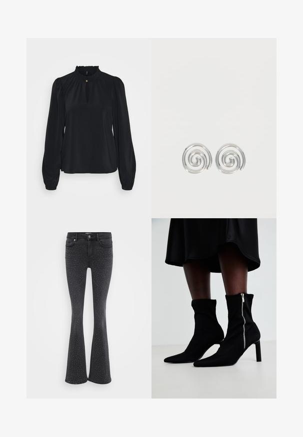 Blouse noire en tissu doux avec un col froncé haut, une ouverture en forme de clé à l'avant, et de longues manches bouffantes avec des poignets ajustés.; Jean noir évasé en denim, orné de clous métalliques sur l'ensemble. Cinq poches et fermeture à bouton à l'avant.; Bottines noires avec un corps en tissu extensible, un bout pointu et une fermeture éclair sur le côté, montées sur un talon slim et haut.; Paire de boucles d'oreilles en forme d'anneau spirale en argent avec un design lisse et arrondi sur fond blanc uni.