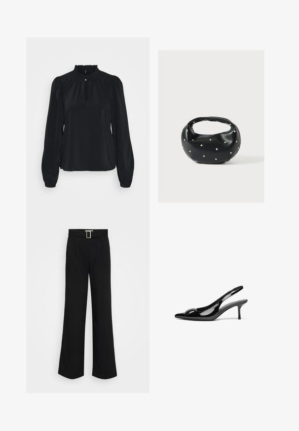 Blusa negra hecha de tejido suave con un cuello fruncido alto, una abertura en forma de ojal en la parte delantera y mangas largas abullonadas con puños ajustados.; Pantalones anchos negros de tela ligera, con una textura suave, pliegues frontales y un cinturón con una hebilla metálica cuadrada.; Tacones slingback de charol negro con punta afilada y acabado brillante. Presentan un tacón delgado y un acento redondeado en el empeine.; Bolso de mano de cuero negro con forma redondeada, decorado con detalles de tachuelas plateadas y un asa corta. Textura lisa y cierre con cremallera.