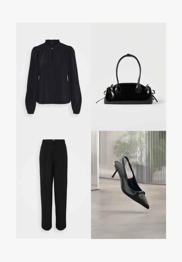 Mustast pehmest kangast blouse, kõrge ruffle-kaelusega, ees väikese aukuga ja pikkade puff-sleeve'idega, mis on kitsaste mansettidega.; Mustad püksid laia lõikega, elastse vöökoha ja sirgete jalgadega. Valmistatud siledast kangast, ilma nähtavate mustrite või metalldetailideta.; Mustast tekstureeritud nahast slingback kõrge kontsaga king, millel on terav nina ja väike dekoratiivne pandlaga, hõljub üle sileda põranda.; Väike must läikiv käekott kahe pika sangaga ja külgedel paelakinnitustega, ühel lihtsal helel taustal.