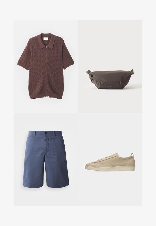 Kurzärmliges burgunderfarbenes Strickjackenhemd mit einem texturierten Wellenmuster und einem offenen Kragen, ausgestattet mit gerippten Manschetten und Saum.; Marineblaue Baumwollshorts mit flacher Vorderseite, einfachem Knopfverschluss, zwei seitlichen Taschen und geradem Beinverlauf. Geschmeidige Textur, keine sichtbaren Muster.; Beiger Sneaker mit niedriger Schafthöhe, Obermaterial aus Stoff und Wildleder, weißen Schnürsenkeln, Gummisohle und Fersenlasche, seitlich auf weißem Hintergrund dargestellt.; Dunkelbraune Stoff-Gürteltasche mit diagonalem Reißverschlussfach und kleinem weißen Logo vorne, vor einem einfarbigen hellen Hintergrund.