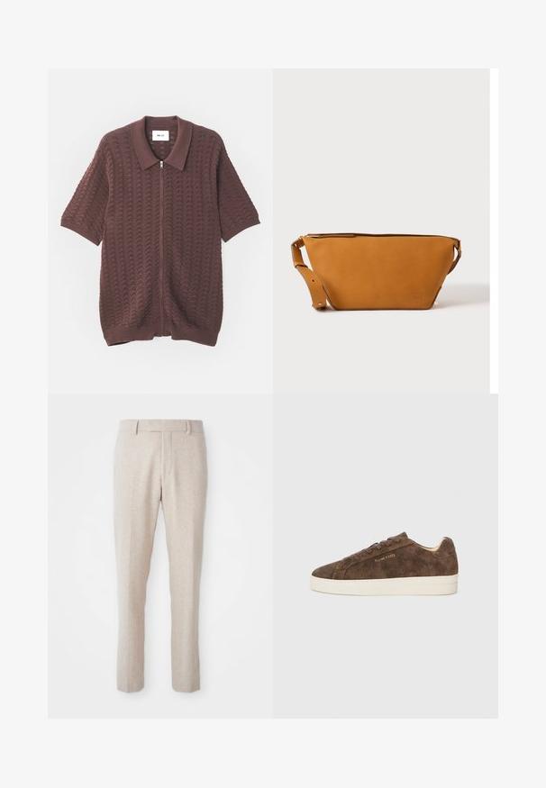 Camisa de punto burdeos de manga corta con cremallera, con un patrón de olas texturizadas y un cuello abierto, que presenta puños y dobladillo acanalados.; Pantalones tejidos beige con corte recto, que cuentan con una parte frontal plana, presillas para cinturón y sin patrones visibles ni detalles de hardware.; Zapatillas de ante marrón con un perfil bajo, punta redondeada y suela de goma blanca. Presenta cordones oscuros y un sutil logotipo en el lateral.; Bolso bandolera de cuero marrón claro con correa ajustable y cierre de cremallera, mostrado sobre un fondo claro y liso.