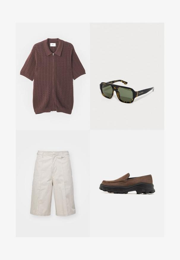 Korte mouwen bordeaux gebreid ritshemd met een getextureerd golfpatroon en een open kraag, met ribgebreide manchetten en zoom.; Beige katoenen shorts met een rechte snit, knie-lang, met twee voorzakken en subtiele plooien voor extra textuur.; Bruine suede instapper met een dikke zwarte rubberen zool, voorzien van gedurfde profielpatronen en een gladde, ronde neusdesign.; Schildpad zonnebril met vierkante montuur, groene lenzen en een glossafwerking. Heeft een logo aan de zijkant en een patroon op de pootaccenten.