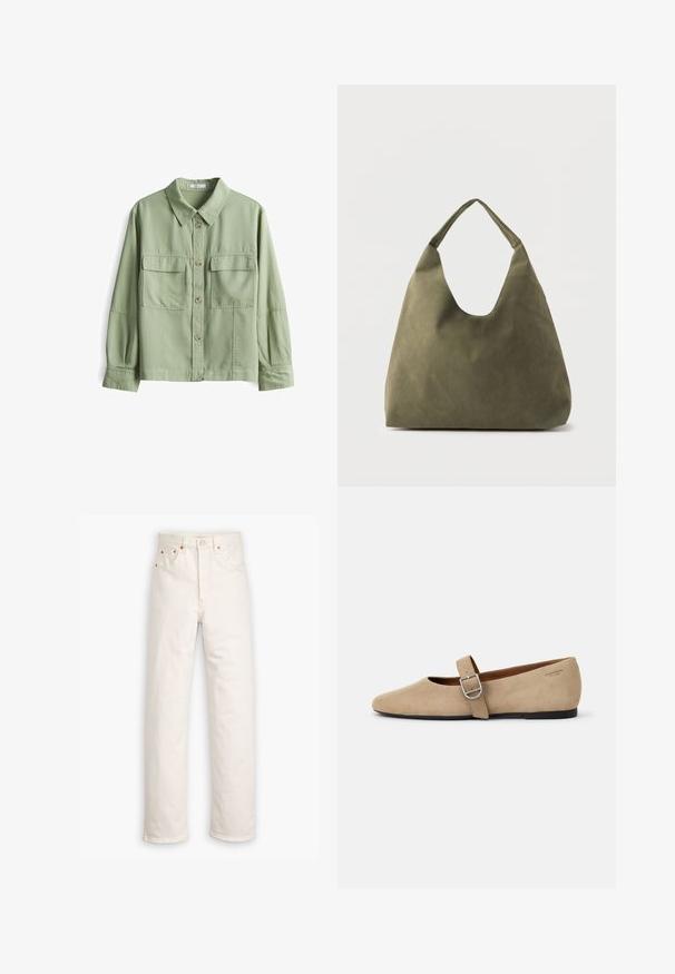 Groene button-up overhemd van zachte stof met een kraag, twee voorkruiszakken en lange mouwen met manchetdetails.; Witte denim jeans met een recht gesneden ontwerp, vijf zakken en koperen hardware accenten. Afgeronde zoom aan de enkels.; Beige suède Mary Jane balletschoenen met een spitse neus en een enkele verstelbare band met een zilveren gesp. Zwarte platte zool.; Schoudertas van zacht leer in olijfgroen met een brede, enkele band en een ontspannen, ongestructureerde vorm op een lichte achtergrond.
