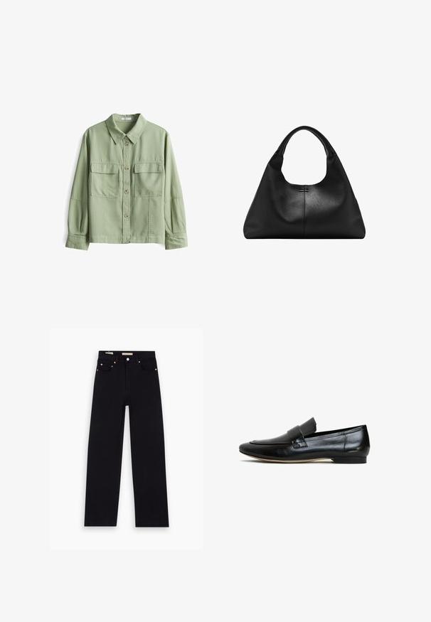 Groene button-up overhemd van zachte stof met een kraag, twee voorkruiszakken en lange mouwen met manchetdetails.; Zwarte denim jeans met een recht model, vijf zakken, koperen hardware en een gladde textuur. Twee labels zichtbaar op de tailleband.; Zwarte leren instappers met een gladde afwerking, een ronde neus en een decoratieve band over de voorkant. Lichtgewicht zool met een lichte hak.; Zwarte handtas van getextureerd leer met brede basis en dikke afgeronde handgrepen, met een centrale verticale naad en subtiele stikdetails.