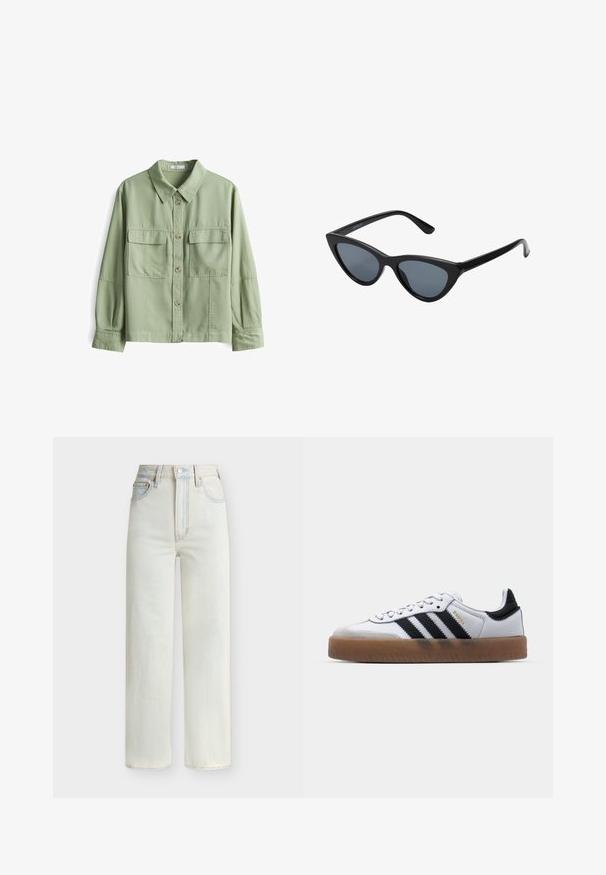 Groene button-up overhemd van zachte stof met een kraag, twee voorkruiszakken en lange mouwen met manchetdetails.; Lichtblauwe denim jeans met hoge taille, rechte pijpen, vooraan sluiting met knopen en rits, en een ontwerp met vijf zakken.; Witte leren sneakers met zwarte strepen, gumrubberen buitenzool, ronde neus, vetersluiting en een zachte grijze suède neuskap.; Zwarte cat-eye zonnebril met donkergrijze lenzen, slank plastic frame, puntige hoeken en rechte pootjes. Geen zichtbare hardware of accenten.