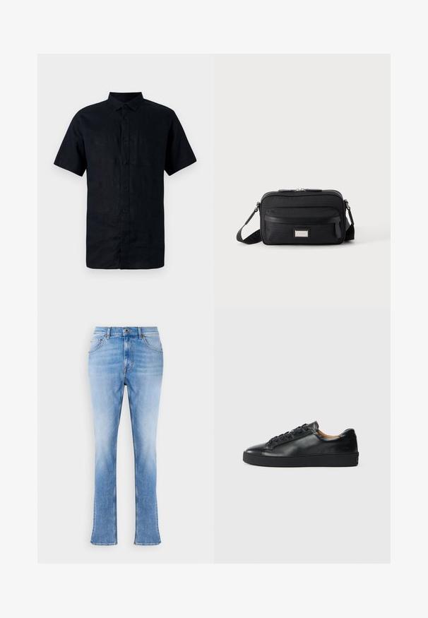 Chemise en lin bleu marine à manches courtes avec un col boutonné, présentant un plastron avant avec des boutons et une surface lisse et texturée.; Jeans en denim bleu clair avec une coupe droite et des chevilles légèrement évasées. Présente un design classique à cinq poches et une fermeture à bouton en laiton.; Baskets en cuir noir avec une texture lisse, bout rond et fermeture à lacets. Comprend une semelle en caoutchouc épaisse et un minimum de détails de marque.; Sac bandoulière rectangulaire noir avec poche avant zippée, sangle réglable et plaque logo rectangulaire argentée sur fond uni.