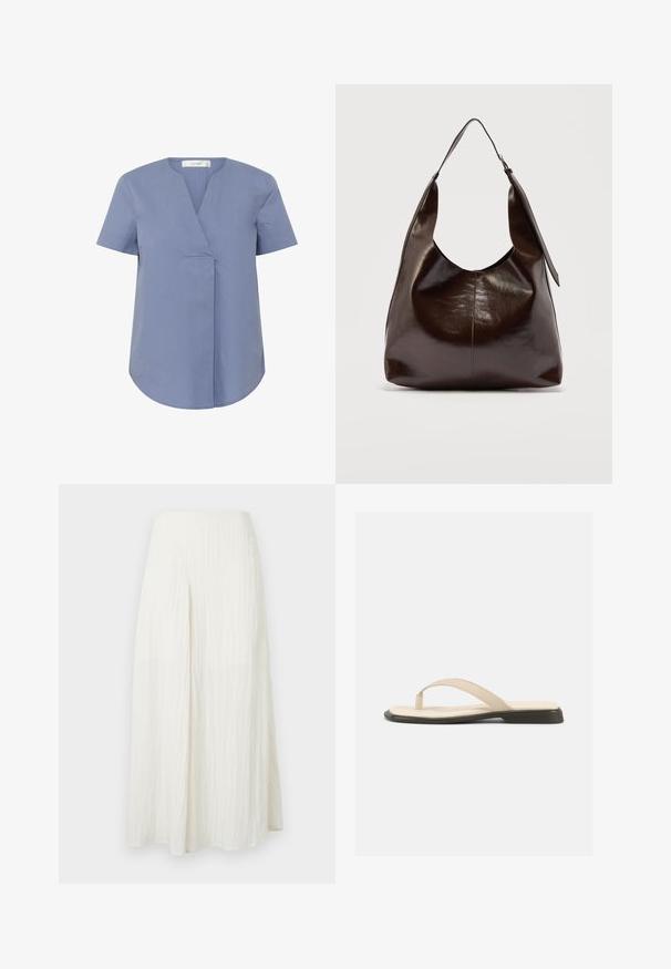 Blouse à manches courtes, col en V, de couleur bleu clair, présentant un détail plissé à l'avant, un ourlet arrondi et une texture lisse.; Jupe maxi blanche taille haute plissée avec une seule fente devant et une finition en tissu texturé.; Sandale plate beige à bride en forme de tongs avec une semelle intérieure rembourrée et une semelle noire, vue de côté sur fond blanc.; Sac à bandoulière en cuir marron foncé brillant avec une seule large sangle et un détail de boucle sur un côté, posé sur un fond clair uni.
