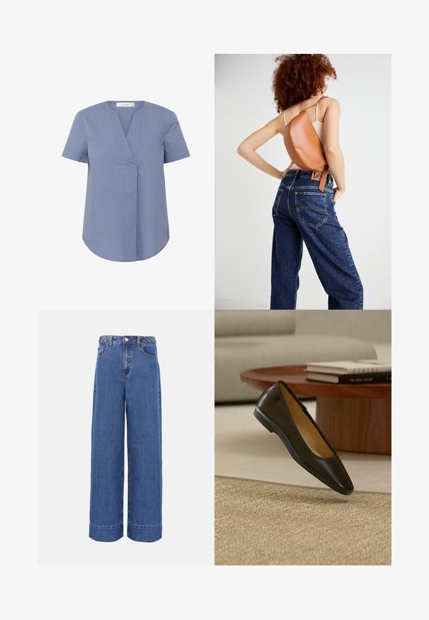 Kortærmet bluse med v-udskæring i lyseblå, med en plisseringdetalje foran, rund bundkant og glat tekstur.; Blå denim jeans med vide ben, flettet linning, knap foran og lommer, vist på ensfarvet baggrund.; Sort flad lædersko med afrundet firkantet tå på et beige vævet tæppe, med et træsofabord og stablede bøger i baggrunden.; Brun læder rygsæk med et unikt buet design. Båret diagonalt, parret med højlivet blå denimjeans med gul syning.