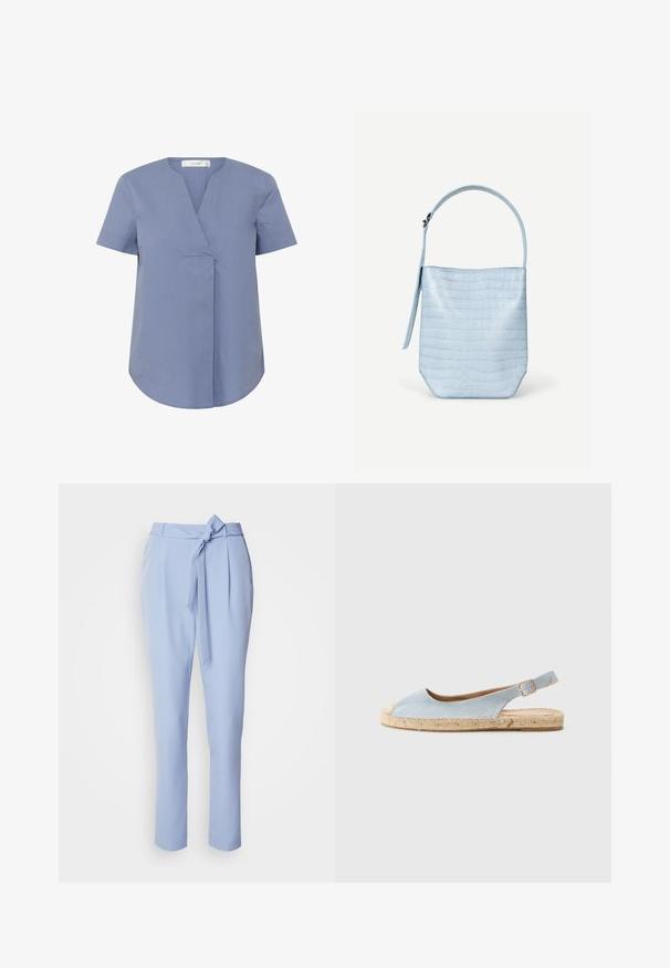 Blouse à manches courtes, col en V, de couleur bleu clair, présentant un détail plissé à l'avant, un ourlet arrondi et une texture lisse.; Pantalons ajustés bleu clair en tissu lisse, avec des jambes fuselées et un détail de lien à l'avant à la taille. Comprend des poches latérales.; Espadrille bleu clair avec un design à bride arrière, présentant un bout arrondi, une semelle en jute et un talon plat. Texture douce avec un minimum de détails de couture.; Sac à main bleu clair avec texture crocodile, forme rectangulaire, poignée unique en haut et une bandoulière latérale suspendue sur un fond blanc uni.