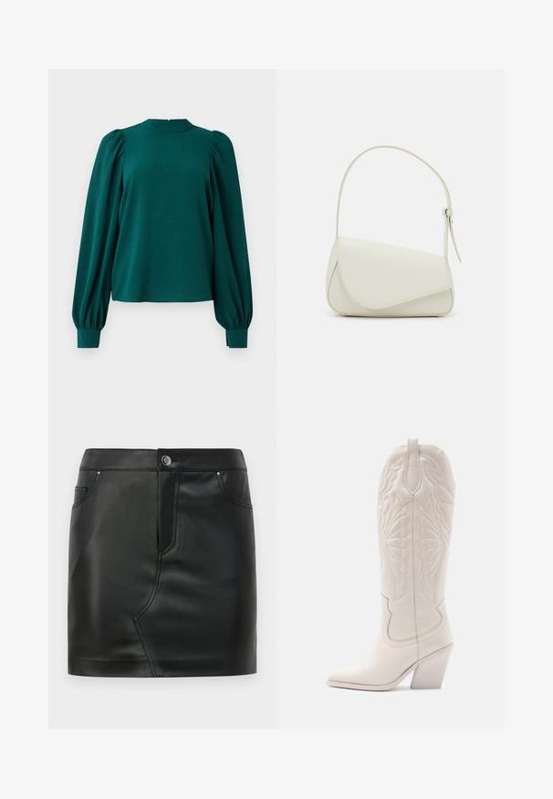 Teal bluse med lange, puffede ærmer og høj halsudskæring. Fremstillet af struktureret stof med samlede detaljer ved skuldrene og manchetterne.; Sort faux læder mini nederdel med frontknap, lynlås lukning, front- og baglommer samt sømdetaljer.; Hvide læder cowboystøvler med spidse tæer og blokhæle. Har intrikate syninger på skaftet og en glat tekstur.; Hvid taske i faux læder med en struktureret trekantet form, enkelt justerbart skulderstrop og en flaplås med kurver.
