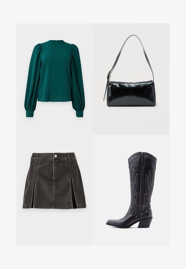 Teal bluse med lange, puffede ærmer og høj halsudskæring. Fremstillet af struktureret stof med samlede detaljer ved skuldrene og manchetterne.; Sort faux læder nederdel med høj talje, udsmykket med syede detaljer og sidelæg. Metalknaplukning foran.; Sorte cowboystøvler i læder med spids tå, synlige sømme, sølvfarvede nitte-detaljer og lynlås på den indvendige side.; Sort rektangulær skuldertaske med en enkelt justerbar rem og lynlås i toppen på en ensfarvet baggrund.