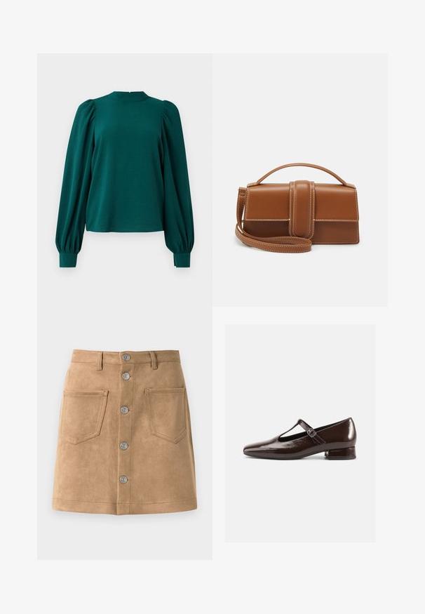 Teal bluse med lange, puffede ærmer og høj halsudskæring. Fremstillet af struktureret stof med samlede detaljer ved skuldrene og manchetterne.; Tan suede nederdel med en tætsiddende form, fem metalliske frontknapper og to forlommer, der har en glat tekstur og rene kanter.; Brune Mary Jane-sko i laklæder med en rundet tå, udskæringsdesign og justerbar rem. Lav blokhæl.; Brun læderrektangulær håndtaske med top håndtag, frontklap, bredt centralt bånd, hvide syninger og aftagelig skulderrem på hvid baggrund.