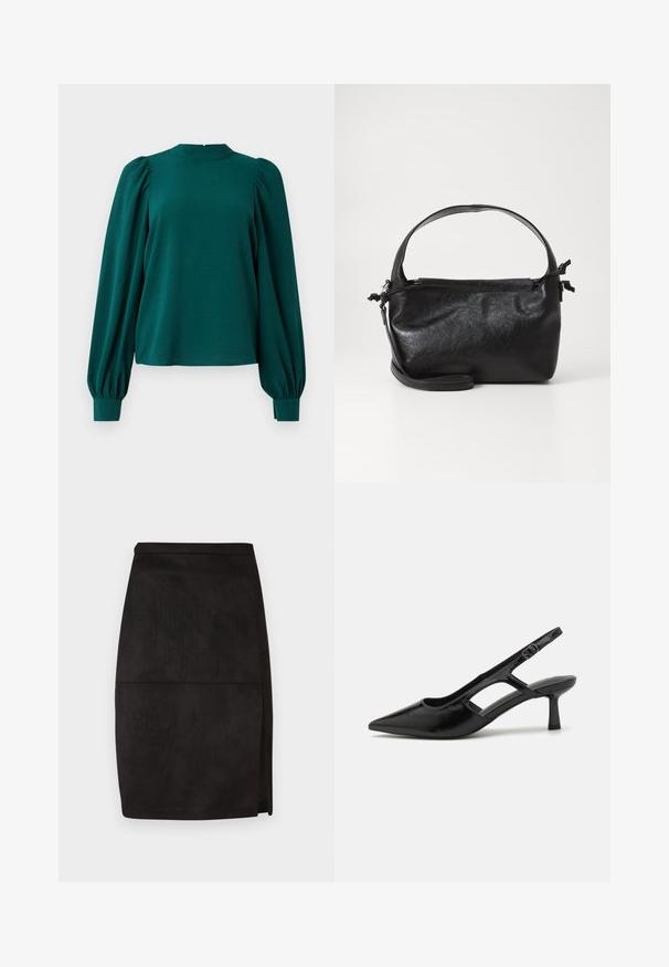 Teal bluse med lange, puffede ærmer og høj halsudskæring. Fremstillet af struktureret stof med samlede detaljer ved skuldrene og manchetterne.; Sort suedepencilskørt med lige snit, let sideslids og glat tekstur. Enkelt talje og rene designlinjer.; Sorte slingback hæle med spidse tæer, lavet af blankt materiale, med udskæringsdetaljer og en moderat hæl for støtte.; Sort læderhåndtaske med et struktureret design, rund tophåndtag og aftagelig skulderrem. Den har en glat tekstur og en subtil glans.