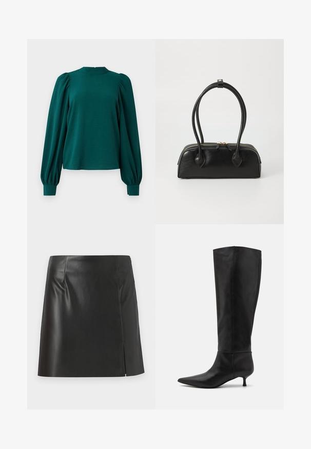 Teal bluse med lange, puffede ærmer og høj halsudskæring. Fremstillet af struktureret stof med samlede detaljer ved skuldrene og manchetterne.; Sorte læder miniskirt med lige snit, glat tekstur og lynlås på siden med en splitdetalje på den ene side.; Knæhøje sorte læderstøvler med spids tå og kitten-heel. Glat tekstur og minimalistisk design uden synligt hardware eller accenter.; Sort læder håndtaske med to langstrakte håndtag, lynlåslukning og afrundet form; glat tekstur med en subtil blank finish.