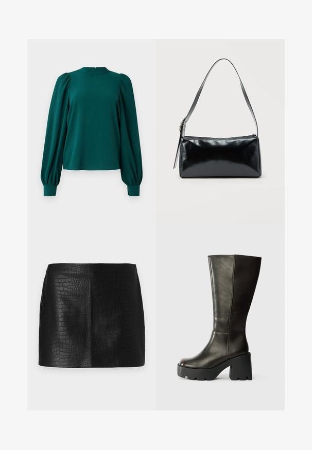 Cyan blouse met lange, geblokte mouwen en een hoge halslijn. Gemaakt van een textuurstof, met geplooide details op de schouders en manchetten.; Zwarte neplederen mini-rok met een tekstuur van krokodillenpatroon, met een gladde afwerking en een getailleerde vorm zonder zichtbare hardware.; Bruine leren kniehoge laars met een ronde neus, een dikke zwarte platformzool en een blokhak. Heeft een gladde textuur en minimale stikseldetails.; Zwarte rechthoekige schoudertas met een enkele verstelbare band en een bovenste ritssluiting op een effen achtergrond.