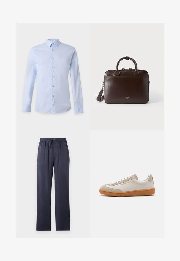 Lichtblauw herenoverhemd met lange mouwen, klassieke kraag en witte knopen aan de voorkant op een effen achtergrond.; Navyblauwe, losse broek van zachte stof met een elastische tailleband en verstelbaar trekkoord. Rechtesnit, zonder zakken.; Witte en beige lage sneakers met een gumrubberen zool, witte veters, suède details en een gouden "Paul Smith" logo aan de zijkant.; Donkerbruine leren aktetas met twee handvatten, een afneembare schouderriem en een klein voorlogo op een effen achtergrond.