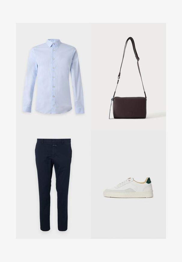 Lichtblauw herenoverhemd met lange mouwen, klassieke kraag en witte knopen aan de voorkant op een effen achtergrond.; Marineblauwe katoenen chinos met een slim fit, rechte voorkant en een ritsgulp. Voorzien van zijzakken en een achterzak met een klein merketiket.; Witte sneaker met suède accenten, ronde neus, platte veters en een crème rubberen zool. Bevat groene branding op de hiel.; Donkerbruine gestructureerde leren crossbodytas met verstelbare riem en klein decoratief blauw accent aan de zijkant.