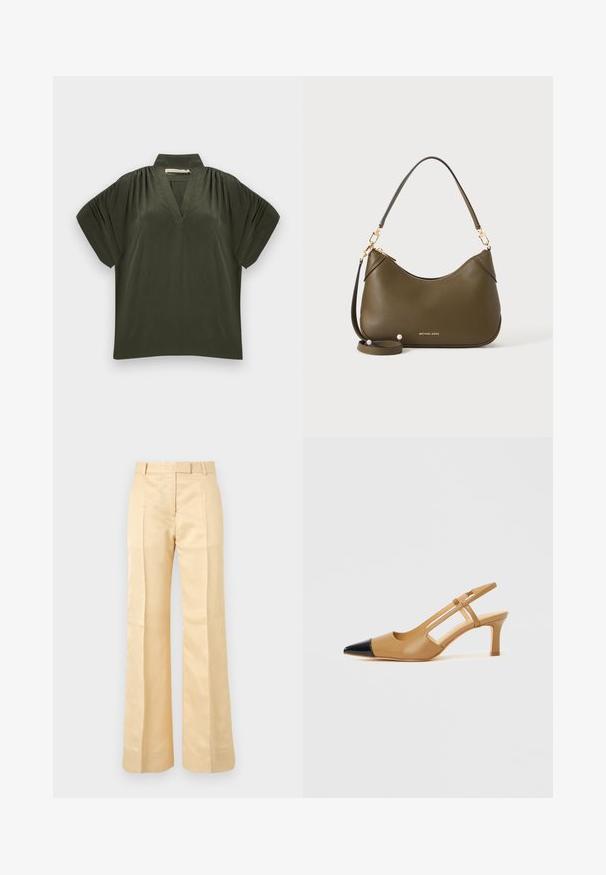 Haut vert foncé à manches courtes avec col montant, encolure en V, épaules froncées et coupe ample sur fond clair.; Pantalon beige à taille haute, coupe droite, avec passants pour ceinture et plis avant sur fond uni.; Escarpins slingback couleur fauve avec embout pointu noir, côtés découpés et talon bloc de hauteur moyenne. Matière en cuir lisse.; Sac à main en cuir vert olive avec bandoulières courtes et longues, éléments dorés et logo Michael Kors en doré près de la base sur un fond uni.