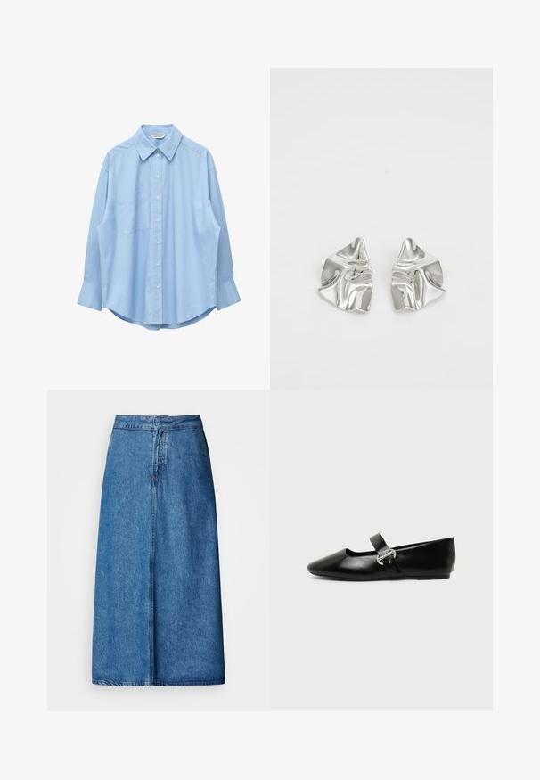 Chemise bleu clair à manches longues avec col pointu et poche poitrine gauche, présentée à plat sur un fond blanc.; Jupe midi en denim à coupe décontractée, avec une taille haute, un ourlet effiloché et une couleur bleu uni. Design simple sans ornements visibles.; Chaussure plate Mary Jane en cuir noir avec bout arrondi et bride à boucle argentée sur fond uni.; Boucles d'oreilles en métal argenté avec un design ondulé et sculptural, présentant une finition polie et des formes irrégulières, mettant en valeur une esthétique contemporaine.