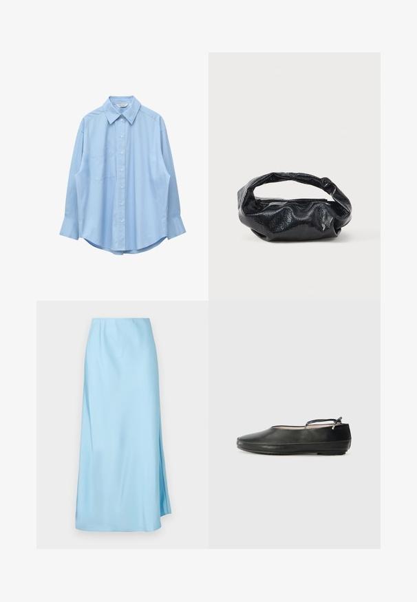 Chemise bleu clair à manches longues avec col pointu et poche poitrine gauche, présentée à plat sur un fond blanc.; Jupe midi bleu clair avec une texture lisse, dotée d'une légère fente latérale et d'une ceinture élastique pour le confort et la facilité de port.; Ballerines en cuir noir avec un bout arrondi, une sangle à la cheville et une surface lisse. Elles présentent des embellissements minimaux et une semelle en caoutchouc flexible.; Sac noir en matériau texturé et brillant avec une poignée circulaire torsadée et une fermeture éclair. Présente un design doux et froissé.