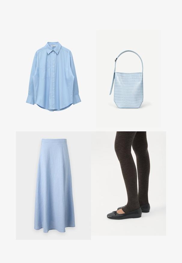 Chemise bleu clair à manches longues avec col pointu et poche poitrine gauche, présentée à plat sur un fond blanc.; Jupe trapèze bleu clair, longueur cheville, avec une taille ajustée, en tissu doux et texturé, présentée sur fond blanc.; Jambes portant des leggings côtelés foncés associés à des ballerines noires avec de petits détails en nœud sur fond blanc.; Sac à main bleu clair avec texture crocodile, forme rectangulaire, poignée unique en haut et une bandoulière latérale suspendue sur un fond blanc uni.
