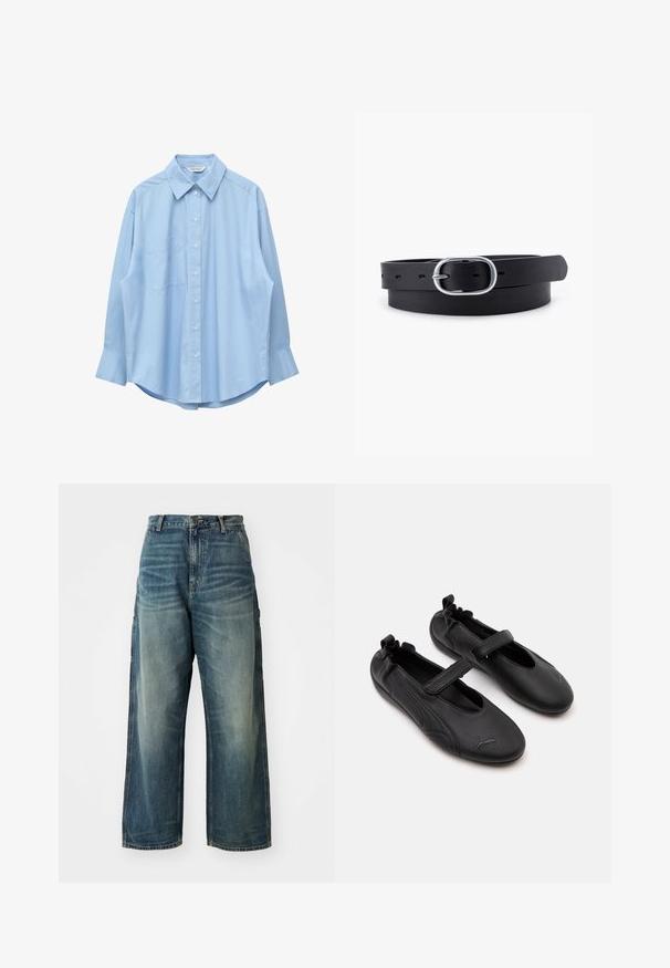 Chemise bleu clair à manches longues avec col pointu et poche poitrine gauche, présentée à plat sur un fond blanc.; Jean en denim à jambes larges en délavé bleu. Présente une fermeture à bouton, cinq poches et des coutures visibles. Le matériau a une texture lisse.; Paire de chaussures en cuir noir style Mary Jane avec arrière élastiqué et bride velcro, avec un logo Puma discret sur chaque orteil.; Ceinture en cuir noir au toucher lisse, boucle en métal argenté de forme ovale et plusieurs trous d'ajustement le long de la sangle. Design plat et minimal.