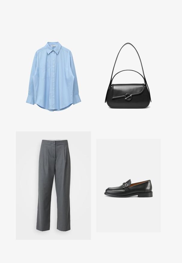 Chemise bleu clair à manches longues avec col pointu et poche poitrine gauche, présentée à plat sur un fond blanc.; Pantalons gris ajustés à coupe droite, avec une texture lisse, des plis devant et des poches latérales. Pas de quincaillerie ou d'accents visibles.; Mocassins en cuir noir avec un design cousu, comportant un double accent boucle et un talon légèrement surélevé pour plus de hauteur.; Sac à bandoulière en cuir noir avec un rabat incurvé fermé par un fermoir métallique rond et une sangle fine et ajustable.
