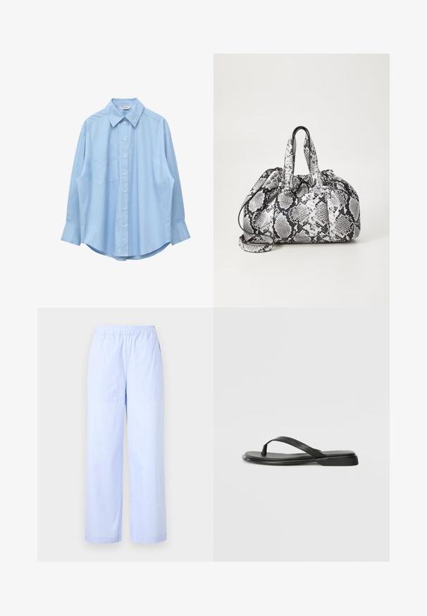 Chemise bleu clair à manches longues avec col pointu et poche poitrine gauche, présentée à plat sur un fond blanc.; Pantalon rayé bleu clair avec une taille élastique, une coupe large, des poches latérales et une texture lisse. Pas d'embellissements supplémentaires.; Tongs noires en cuir lisse, avec un design de sangle fine et une semelle plate à profil minimal. Aucun motif ou accent notables.; Sac à main en motif peau de serpent noir et blanc avec deux poignées, une fermeture à cordon et une bandoulière amovible. Texture lisse.