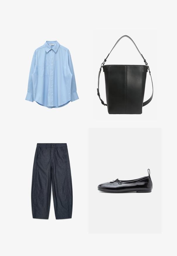 Chemise bleu clair à manches longues avec col pointu et poche poitrine gauche, présentée à plat sur un fond blanc.; Pantalon bleu foncé à jambes larges avec poches avant, passants de ceinture, bouton et fermeture éclair, posé à plat sur fond blanc.; Ballerine en cuir verni noir avec un bout rond, un petit nœud décoratif et une texture lisse ; présente une semelle plate basse et une languette au talon.; Sac seau en cuir noir avec deux bretelles réglables et des détails de couture minimalistes sur un fond uni.
