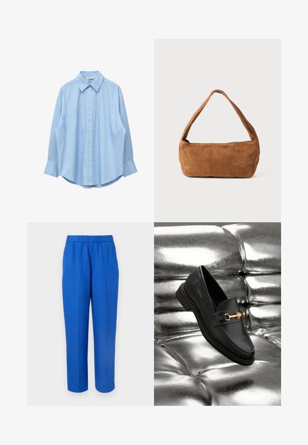 Chemise bleu clair à manches longues avec col pointu et poche poitrine gauche, présentée à plat sur un fond blanc.; Pantalon bleu à jambe droite avec taille élastique et pli avant, présenté sur un fond clair uni.; Mocassin en cuir noir avec un détail en métal doré. La chaussure présente un design épuré et une texture lisse et brillante.; Sac à main en daim marron avec une texture douce, de forme rectangulaire et une large bandoulière. Présente une lettrage en relief subtil sur le devant.