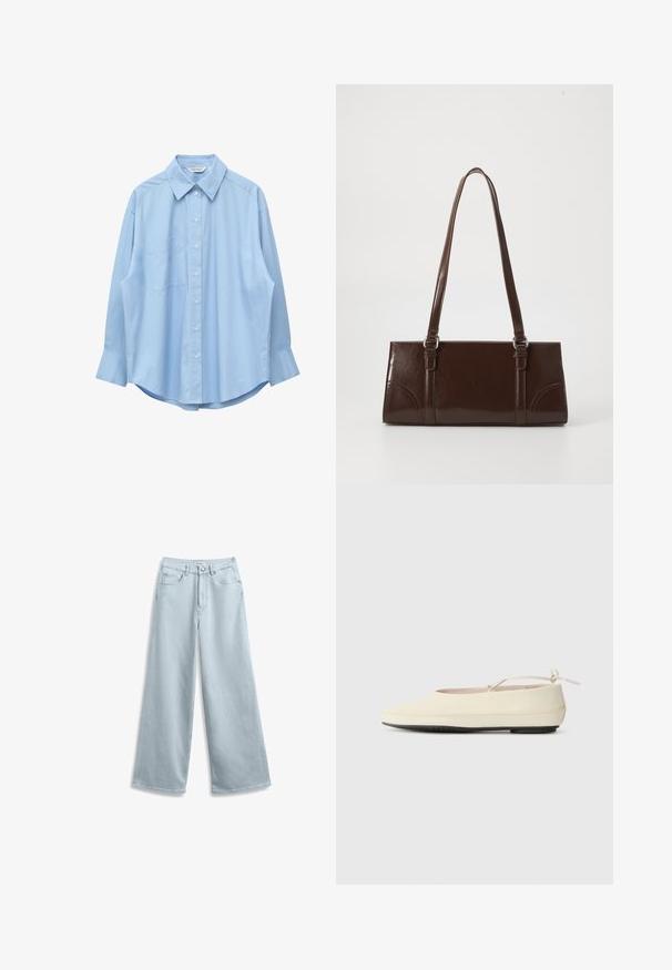 Chemise bleu clair à manches longues avec col pointu et poche poitrine gauche, présentée à plat sur un fond blanc.; Jean large bleu clair en denim, doté d'un design classique à cinq poches et d'une fermeture à bouton à la taille.; Des chaussures plates de couleur crème avec un bout arrondi, une sangle à la cheville et une semelle en caoutchouc noir contrastante. Matériau lisse avec un detailing minimal.; Sac à main en cuir verni marron de forme rectangulaire, avec deux longues poignées et des accents courbés subtils à l'avant.