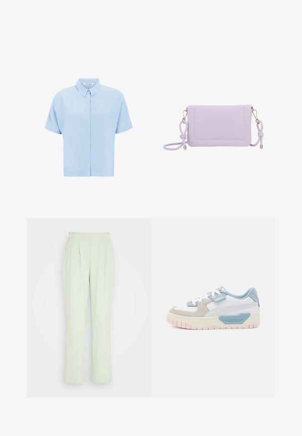 Camisa de manga corta azul claro hecha de una tela suave, con un cierre de botones en la parte delantera y un cuello clásico. Textura lisa y corte relajado.; VILA VIFEBA PANTS - Pantalones - desert sage; Zapatillas con una parte superior de cuero blanco, acentos en azul claro, paneles de ante beige y una suela de goma texturizada en rosa; logo bordado en el costado.; Bolso de hombro cruzado de piel sintética morada con herrajes dorados, bolsillo frontal y detalle de tira anudada. Texture suave y forma rectangular.