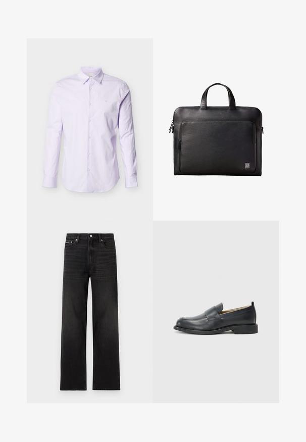 Chemise à manches longues de couleur violet clair en coton, avec un devant à boutons, un col pointu et un petit logo sur la poitrine.; Jean noir droit avec cinq poches, passants pour ceinture et fermeture par bouton, présenté sur un fond blanc.; Mocassins en cuir noir avec une finition lisse, une semelle plate et un bout arrondi, ornés d'une sangle décorative sur le dessus.; Serviette en cuir noir texturé avec poche zippée à l'avant et double poignée, arborant un petit logo Calvin Klein dans le coin inférieur.