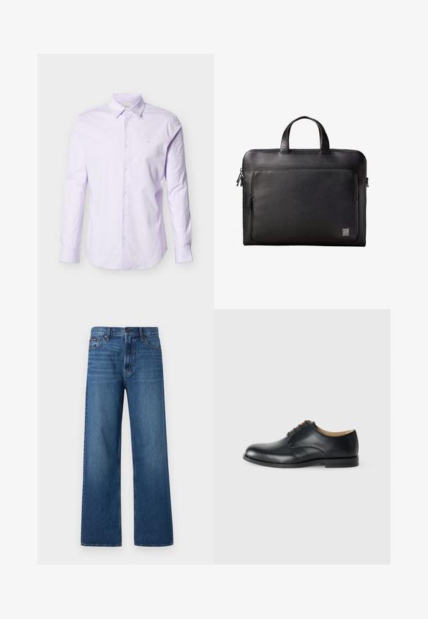 Chemise à manches longues de couleur violet clair en coton, avec un devant à boutons, un col pointu et un petit logo sur la poitrine.; Jean bleu à taille haute et coupe droite, avec bouton et fermeture éclair à l'avant, cinq poches, et un petit patch de marque sur la poche droite.; Calvin Klein ESS DERBY - Derbies - triple black; Serviette en cuir noir texturé avec poche zippée à l'avant et double poignée, arborant un petit logo Calvin Klein dans le coin inférieur.