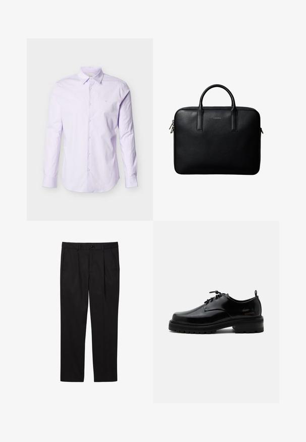 Chemise à manches longues de couleur violet clair en coton, avec un devant à boutons, un col pointu et un petit logo sur la poitrine.; Pantalons formels noirs pour hommes avec poches avant, passants pour ceinture, fermeture par bouton et coupe droite.; Chaussure en cuir noir poli à lacets, semelle en caoutchouc épaisse et talon bas, texte de marque "SAMSOE" sur le côté et languette arrière.; Mallette en cuir noir texturé avec double poignées et tirettes de fermeture éclair argentées, centrée sur fond blanc.