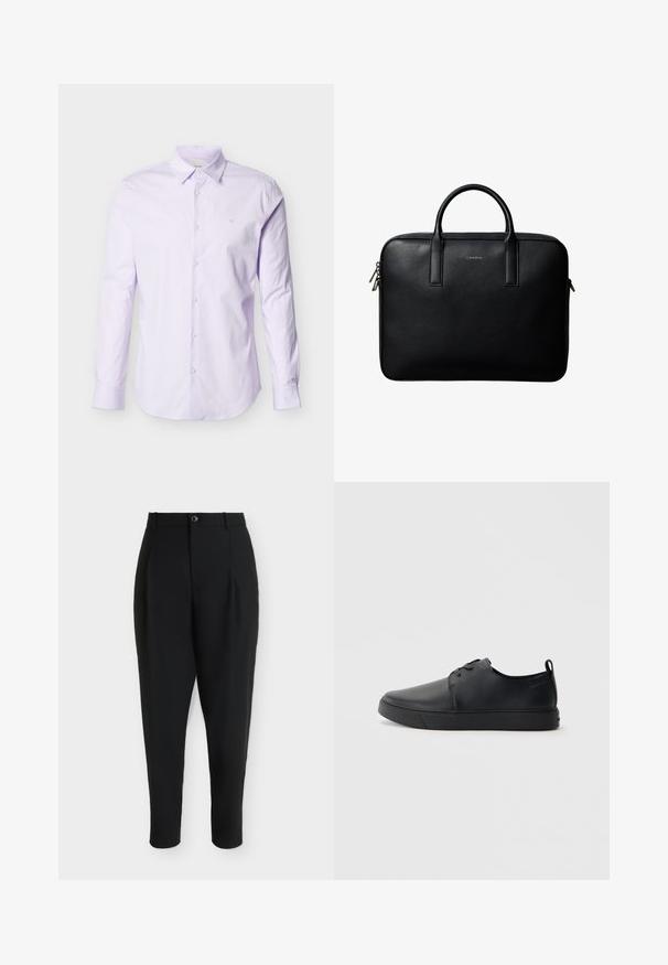 Chemise à manches longues de couleur violet clair en coton, avec un devant à boutons, un col pointu et un petit logo sur la poitrine.; Pantalon noir ajusté longueur cheville avec fermeture par bouton et zip, plis devant et passants de ceinture, présenté sur fond blanc.; Baskets en cuir noir avec une finition lisse, bout arrondi, coutures ton sur ton, devant à lacets et semelle plate en caoutchouc. Anse au talon.; Mallette en cuir noir texturé avec double poignées et tirettes de fermeture éclair argentées, centrée sur fond blanc.