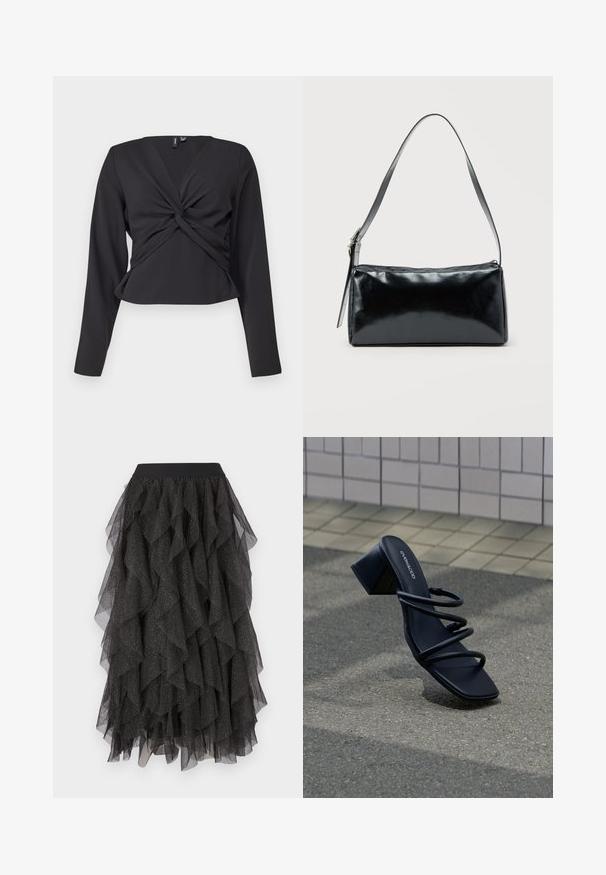 Top negro de manga larga con detalle de giro en la parte delantera, diseño ajustado y textura suave. Longitud corta con escote en V.; Falda de tul negra con capas en forma de volantes y un patrón brillante salpicado de plateado. Presenta una cinturilla elástica negra.; Sandalia negra con punta cuadrada, tres tiras finas y tacón grueso sobre pavimento cerca de pared de azulejos.; Bolso de hombro rectangular negro con una correa ajustable y un cierre de cremallera superior sobre un fondo liso.