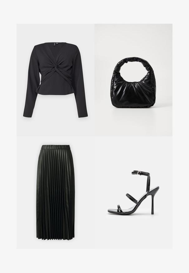 Top negro de manga larga con detalle de giro en la parte delantera, diseño ajustado y textura suave. Longitud corta con escote en V.; Falda plisada negra hecha de un material suave, con una cinturilla y un diseño hasta el suelo con pliegues verticales espaciados de manera uniforme.; Sandalias de tacón alto de charol negro con tres tiras horizontales y una correa en el tobillo ajustable. Silueta elegante y acabado brillante.; Bolso negro acolchado con un asa redondeada, que presenta una superficie lisa y brillante y una textura suave y acolchada. Sin herrajes ni acentos visibles.