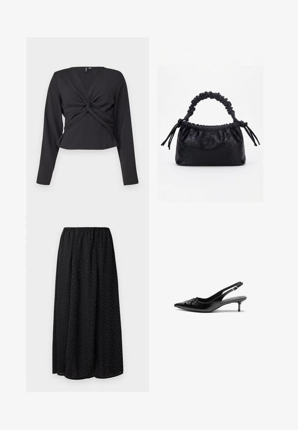 Sort langærmet top med twist-front detalje, tætsiddende design og glat tekstur. Korte længde med V-udskæring.; Sort skirt lavet af letvægtsstof med en samlet talje. Den har et mønster af små hvide prikker over hele stoffet.; Sorte læder slingback-pumps med spids tå, lav kitten-hæl og rynket detalje på overdelen. Glat tekstur og minimalistisk design.; Sort taske med krokodilletekstur, rynket øverste kant, samlet hank og snore med kvaster på hver side mod en hvid baggrund.