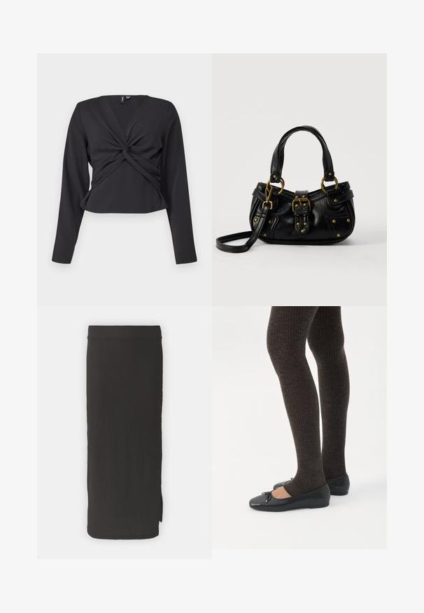 Sort langærmet top med twist-front detalje, tætsiddende design og glat tekstur. Korte længde med V-udskæring.; Sorte midi-nederdel med ribbet tekstur, lige snit og sideslids. Glat talje for ekstra komfort og moderne design.; Ben iført mørke ribbede leggings kombineret med sorte balletsko med små sløjfedetaljer på hvid baggrund.; Sort læderhåndtaske med guldbælge og nitdetaljer, korte håndtag og en justerbar skulderrem på en ensfarvet hvid baggrund.