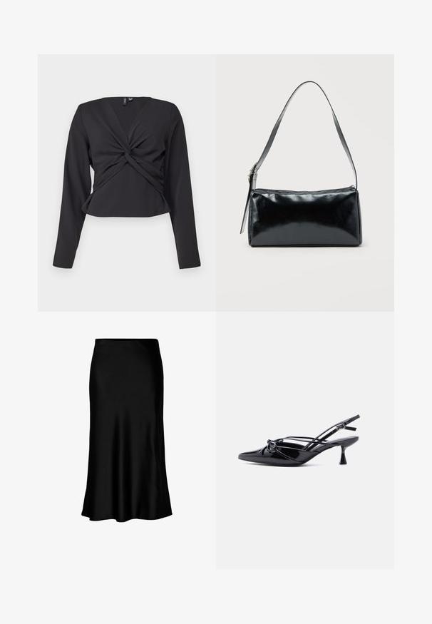 Sort langærmet top med twist-front detalje, tætsiddende design og glat tekstur. Korte længde med V-udskæring.; Sort satin midi-nederdel med en glat tekstur, klokkeformet kant og en tætsiddende talje, der har et enkelt, klassisk design.; Sort laklæder slingback-pumpe med spids tå, lav kittenhæl og dekorativ knyttet sløjfedetalje foran.; Sort rektangulær skuldertaske med en enkelt justerbar rem og lynlås i toppen på en ensfarvet baggrund.