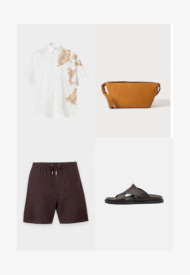 White short-sleeve button-up shirt with beige and brown abstract leaf patterns on the right shoulder, chest pocket, and lower right side.; Brown casual shorts with elastic waistband and drawstring featuring metal tips, made from lightweight fabric.; Stuart Weitzman BERKLEY - Mules - espresso; Light brown leather crossbody bag with adjustable strap and zipper closure, shown against a plain light background.
