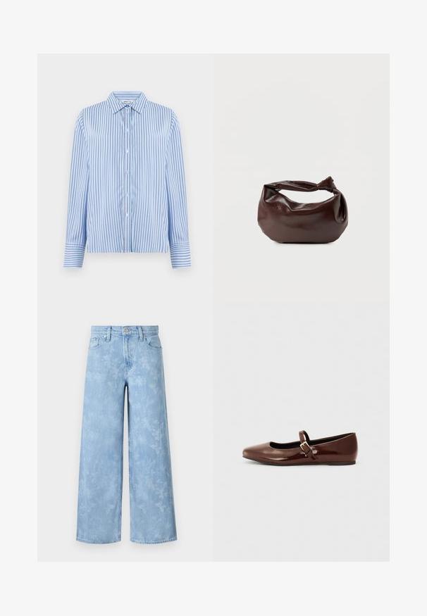 Hemd in Hellblau mit weißen vertikalen Streifen. Verfügt über einen Kragen und lange Ärmel mit Knopfmanschetten. Glatte Textur.; Helleblaue weite Jeans mit einem verblassten floralen Muster, fünf Taschen und einem Knopfverschluss an der Taille. Denimstoff mit leichtem Textur.; Braune Lackleder-Ballerinas mit quadratischer Zehenform und Riemen mit einer kleinen goldenen Schnalle. Glatte Textur, niedriger Absatz und minimalistisches Design.; Dunkelbraune Lederschultertasche mit weicher, lockerer Form und einem gedrehten Knotengriff vor schlichtem weißem Hintergrund.