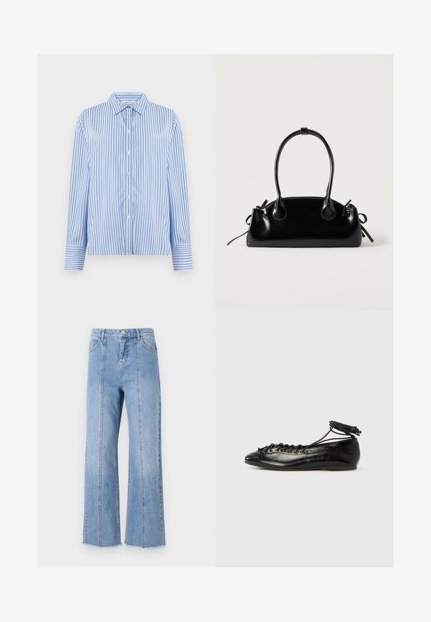 Button-up skjorte i lyseblå og hvide lodrette striber. Har krave og lange ærmer med knapmanchetter. Glat tekstur.; Lysblå denim wide-leg jeans med høj talje, forreste sømme og rå kant. Funktioner en klassisk knap- og lynlåslukning i taljen.; Sorte balletflade sko i laklæder med rundet tå, snørelukning og flad sål. Glat tekstur med få detaljer.; Lille sort blank håndtaske med to lange håndtag og snøre-detaljer i siden på en ensfarvet lys baggrund.