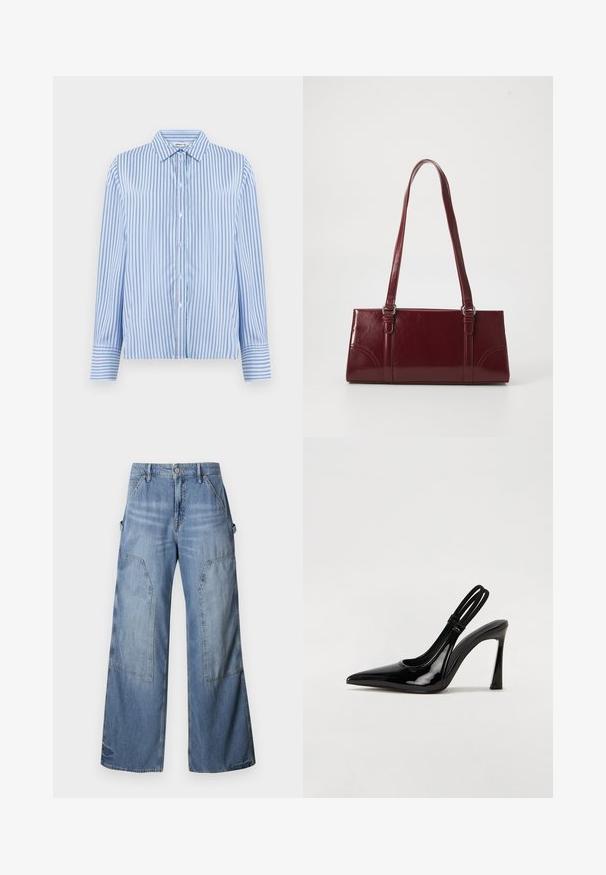 Hemd in Hellblau mit weißen vertikalen Streifen. Verfügt über einen Kragen und lange Ärmel mit Knopfmanschetten. Glatte Textur.; Good American GOOD EASE RELAXED - Jeans Relaxed Fit - indigo; Schwarze Lackleder Slingback-Pumps mit spitzem Zehenbereich, schlankem hohen Absatz und doppeltem elastischen Riemen für einen sicheren Sitz. Glatte, glänzende Oberfläche.; Burgunderfarbene Handtasche aus glänzendem Material, rechteckige Form, mit zwei Schulterriemen und subtilen, geschwungenen Akzenten an der Vorderseite.