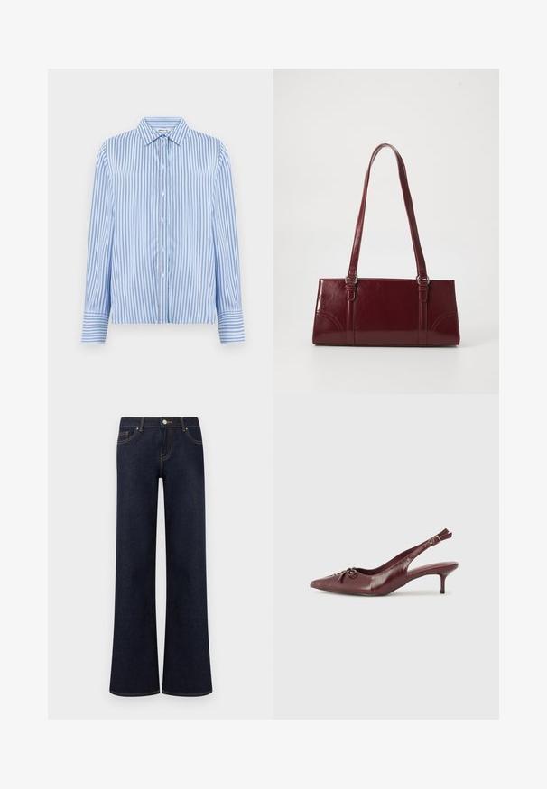Button-up skjorte i lyseblå og hvide lodrette striber. Har krave og lange ærmer med knapmanchetter. Glat tekstur.; Mørkeblå vidde denimjeans med forlommer, knap- og lynlåslukning samt synlige kontrastsyninger.; Bordeaux læder slingback hæl med spidse tå, justerbar rem og dekorativ sløjfedetalje foran. 7,5 cm hælhøjde.; Bordeaux håndtaske lavet af glansfuldt materiale, rektangulær form, med to skulderremme og subtile buede detaljer på forsiden.