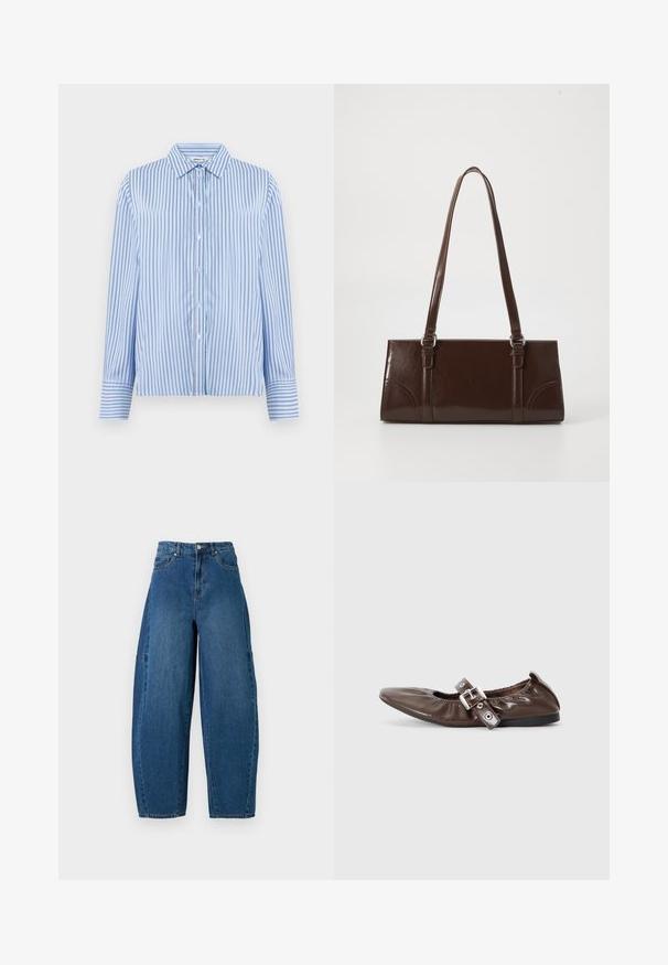 Button-up skjorte i lyseblå og hvide lodrette striber. Har krave og lange ærmer med knapmanchetter. Glat tekstur.; Denimjeans i en mellemblå vask, med højt liv, bred benpasform og standard fem-lomme design med synlige stikninger.; Brun lakeret flad sko med spids tå, elastisk sløjfedetalje og en sølvspændeaccent på siden. Sort gummisål.; Brun lakeret håndtaske med rektangulær form, to lange håndtag og subtile buede detaljer på fronten.